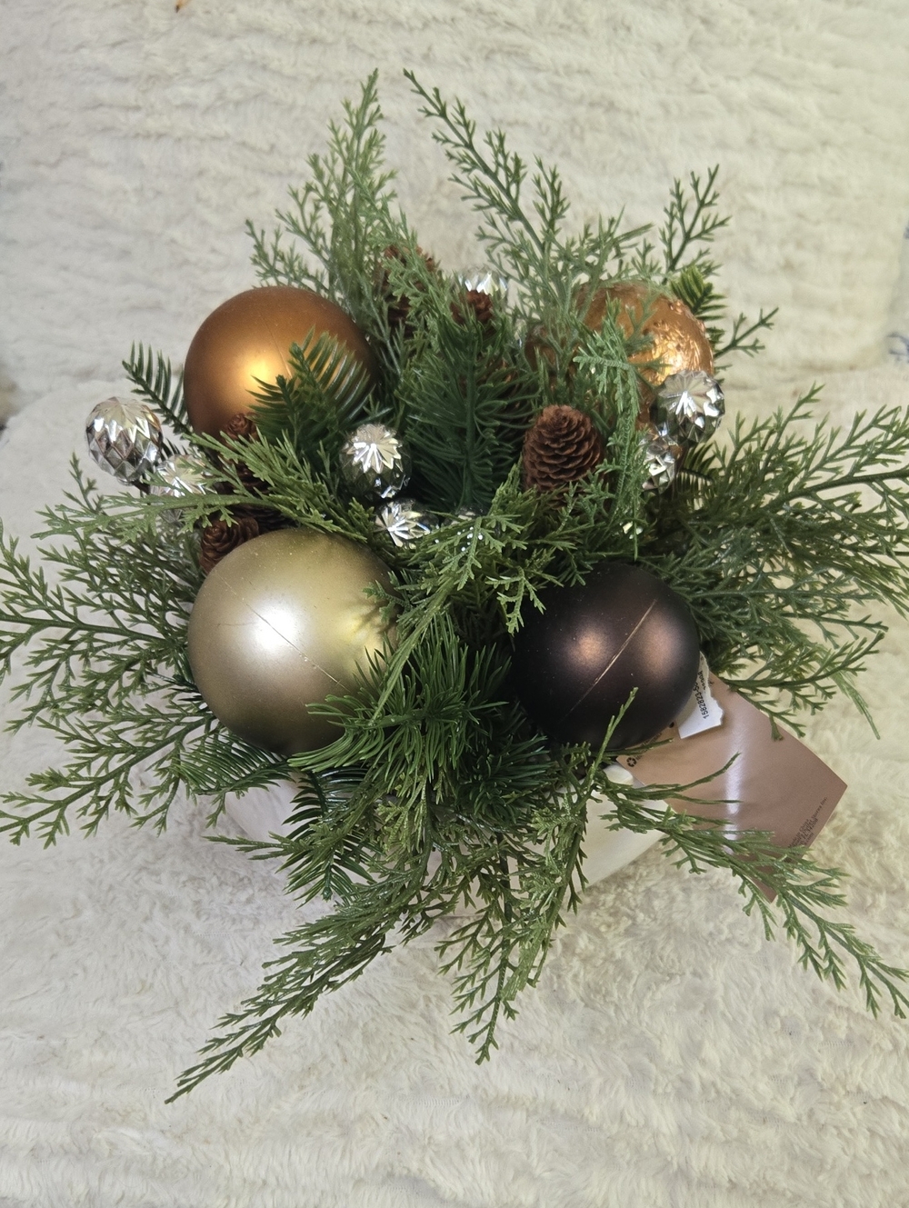 Holiday Evergreen Arrangement with Gold and Bronze Ornaments